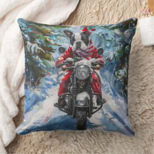 Boston Terrier Dog Riding Motorcycle Christmas Cushion