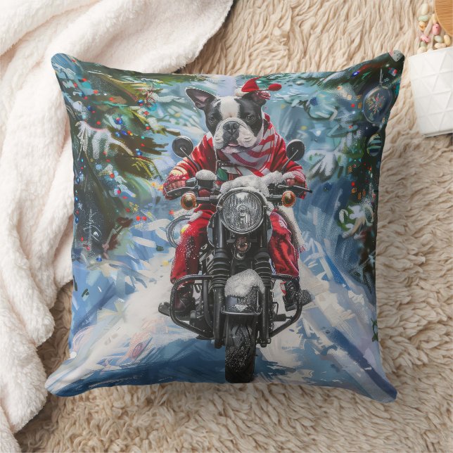 Boston Terrier Dog Riding Motorcycle Christmas Cushion (Blanket)