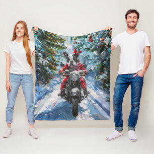Boston Terrier Dog Riding Motorcycle Christmas Fleece Blanket