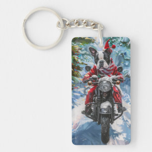 Boston Terrier Dog Riding Motorcycle Christmas Key Ring