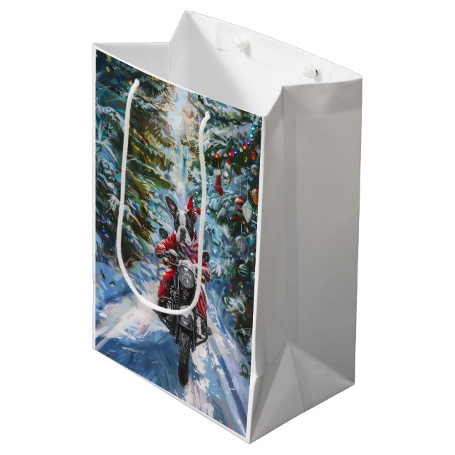 Boston Terrier Dog Riding Motorcycle Christmas Medium Gift Bag (Front Angled)