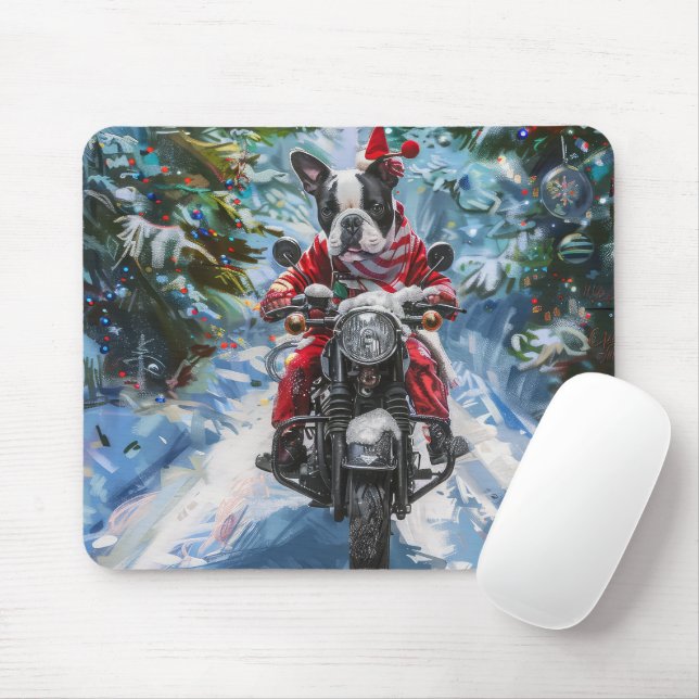 Boston Terrier Dog Riding Motorcycle Christmas Mouse Pad (With Mouse)