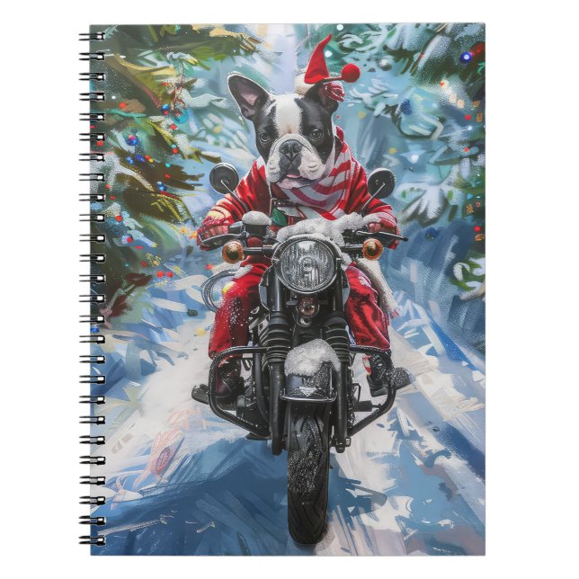 Boston Terrier Dog Riding Motorcycle Christmas Notebook (Front)