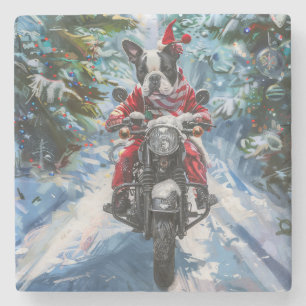 Boston Terrier Dog Riding Motorcycle Christmas Stone Coaster