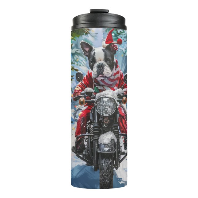 Boston Terrier Dog Riding Motorcycle Christmas Thermal Tumbler (Front)