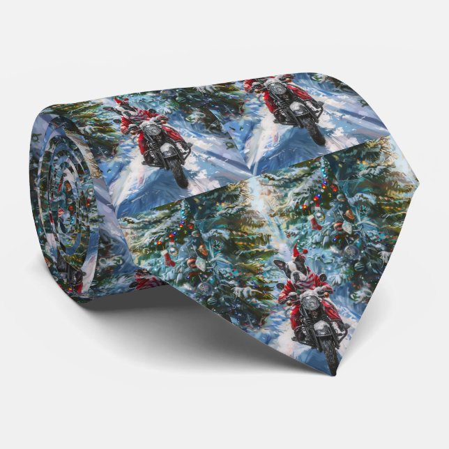 Boston Terrier Dog Riding Motorcycle Christmas Tie (Rolled)
