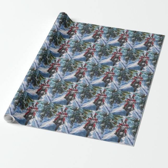 Boston Terrier Dog Riding Motorcycle Christmas Wrapping Paper (Unrolled)
