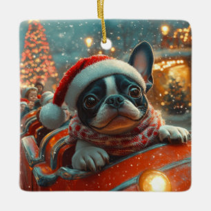 Boston Terrier Dog Roller Coaster Christmas Ceramic Ornament