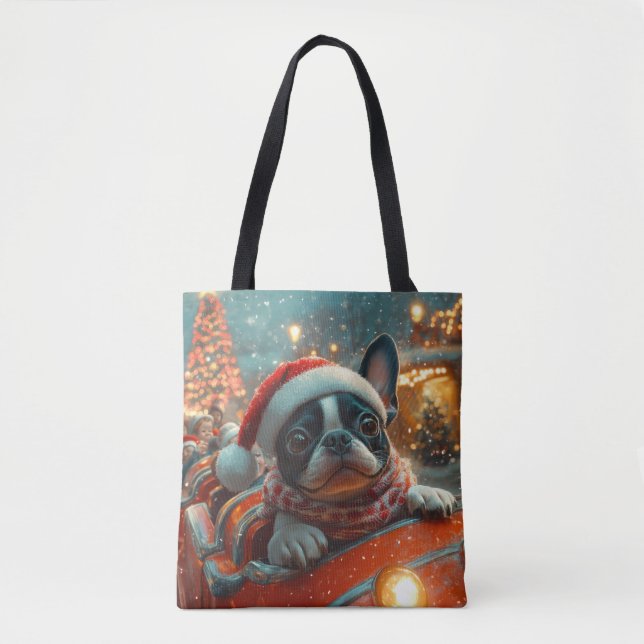 Boston Terrier Dog Roller Coaster Christmas Tote Bag (Front)