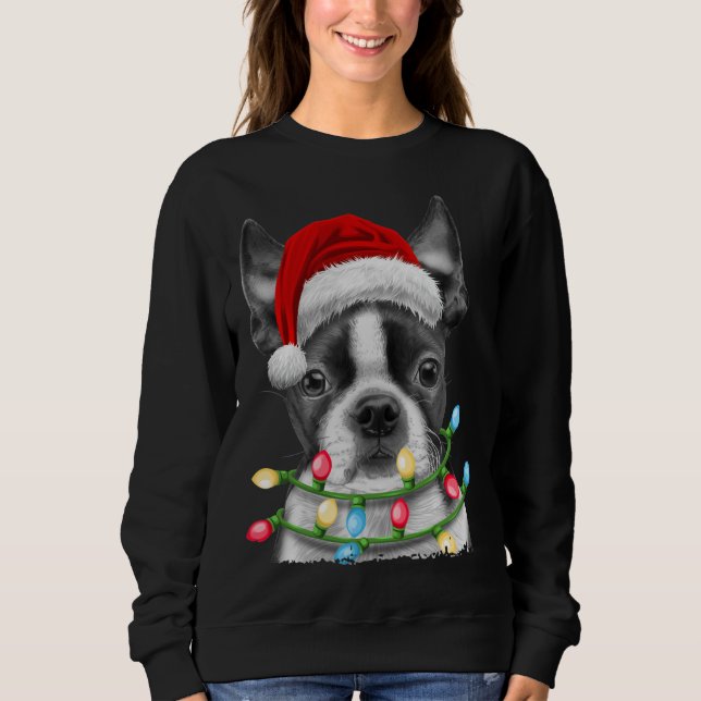 Boston Terrier Dog Santa Christmas Tree Lights Xma Sweatshirt (Front)