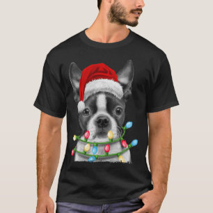 Boston Terrier Dog Santa Christmas Tree Lights Xma T-Shirt