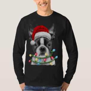 Boston Terrier Dog Santa Christmas Tree Lights Xma T-Shirt