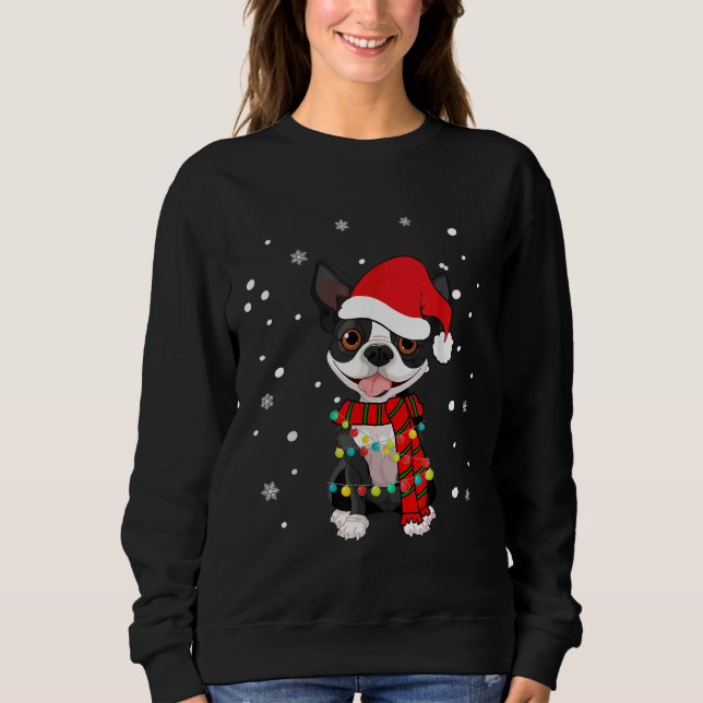 Boston Terrier Dog Santa Hat Christmas Dog Light T Sweatshirt (Front)