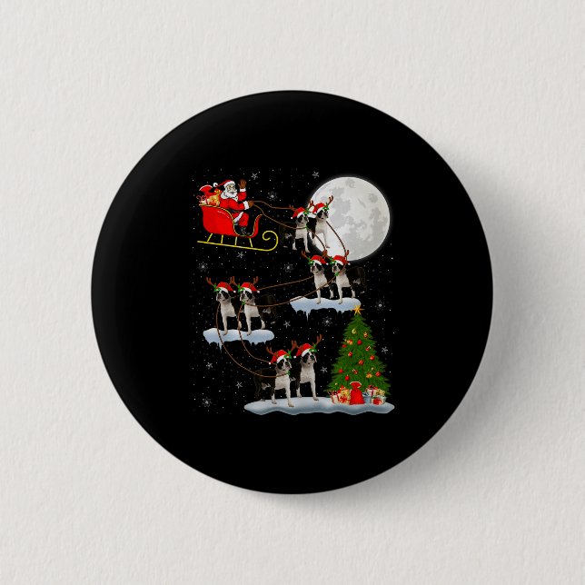 Boston Terrier Dog Santa Sleigh Flying Funny Chris 6 Cm Round Badge (Front)
