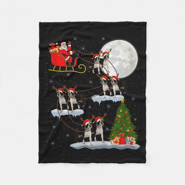 Boston Terrier Dog Santa Sleigh Flying Funny Chris Fleece Blanket (Front)