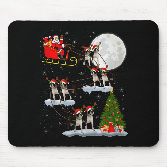 Boston Terrier Dog Santa Sleigh Flying Funny Chris Mouse Pad (Front)