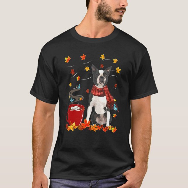 Boston Terrier Dog Scarf Fall Chocolate Autumn T-Shirt (Front)