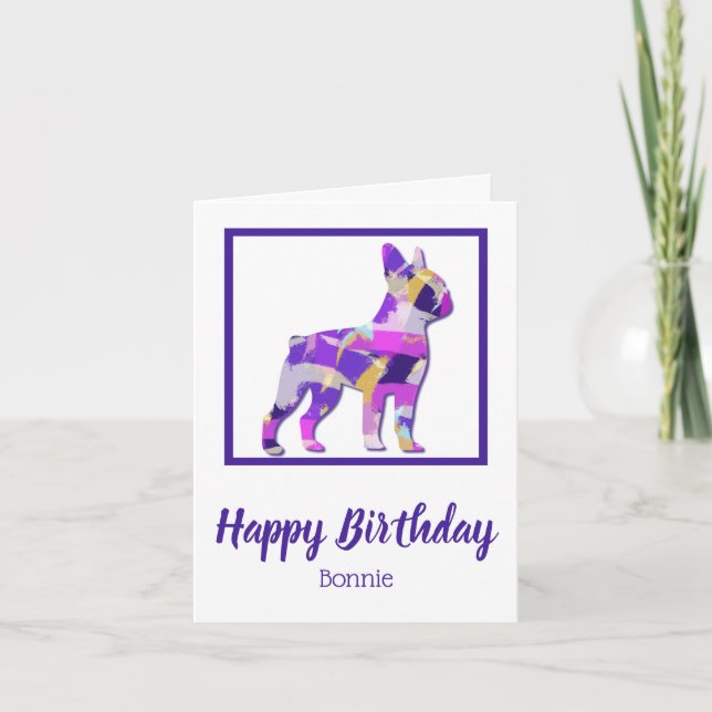 Boston Terrier Dog Silhouette Cute Purple PY&B Card (Front)