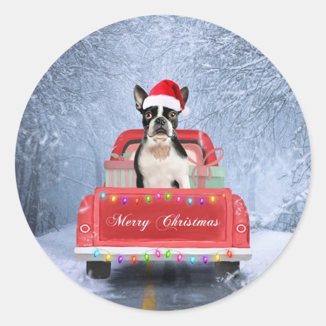 Boston Terrier Dog Snow sitting in Christmas Truck Classic Round Sticker (Front)