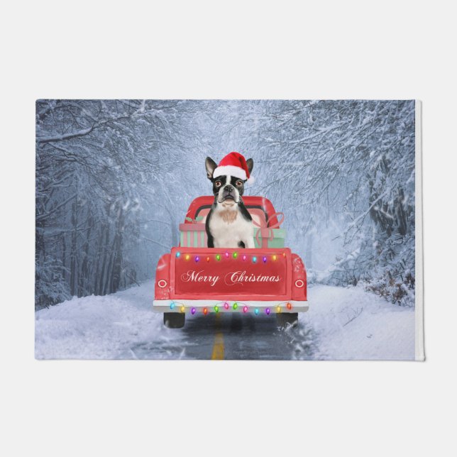 Boston Terrier Dog Snow sitting in Christmas Truck Doormat (Front)
