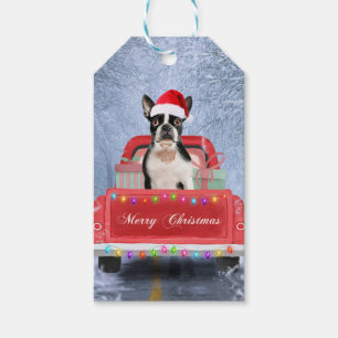 Boston Terrier Dog Snow sitting in Christmas Truck Gift Tags