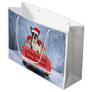Boston Terrier Dog Snow sitting in Christmas Truck Large Gift Bag