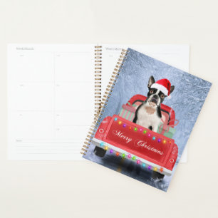 Boston Terrier Dog Snow sitting in Christmas Truck Planner