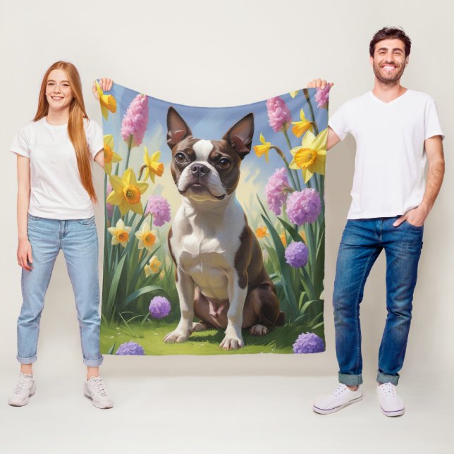 Boston Terrier Dog Spring Flowers Painting Fleece Blanket (In Situ)
