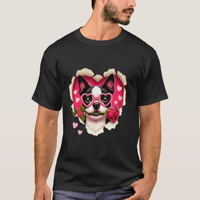 Boston Terrier Dog Sunglasses Love Rose Heart Vale T-Shirt (Front)