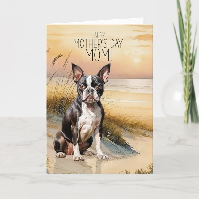 Boston Terrier Dog Sunset Beach Mother's Day Holiday Card (Front)