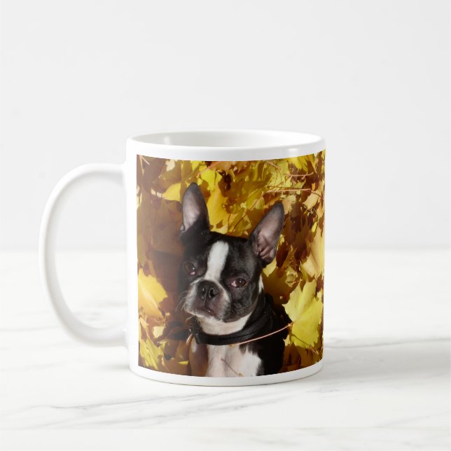 Boston Terrier Dog Surrounded by Autumn Leaves Mug (Left)