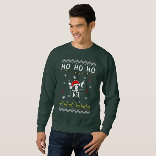 Boston Terrier Dog Ugly Christmas Ho Ho Ho Sweatshirt (Front Full)