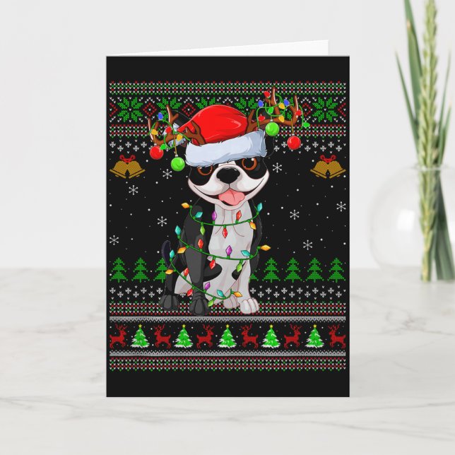 Boston Terrier Dog Ugly Christmas Sweater Holiday  Card (Front)