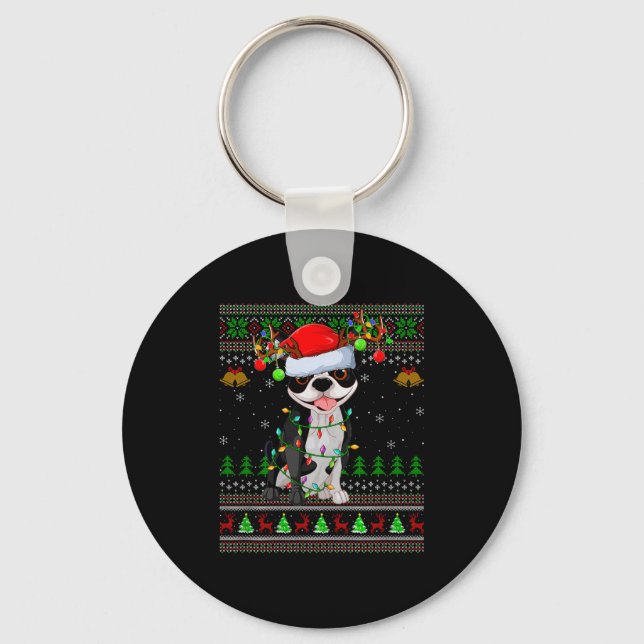 Boston Terrier Dog Ugly Christmas Sweater Holiday  Key Ring (Front)