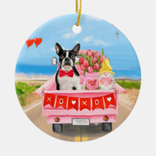 Boston Terrier Dog Valentine's Day Truck Hearts Ceramic Ornament