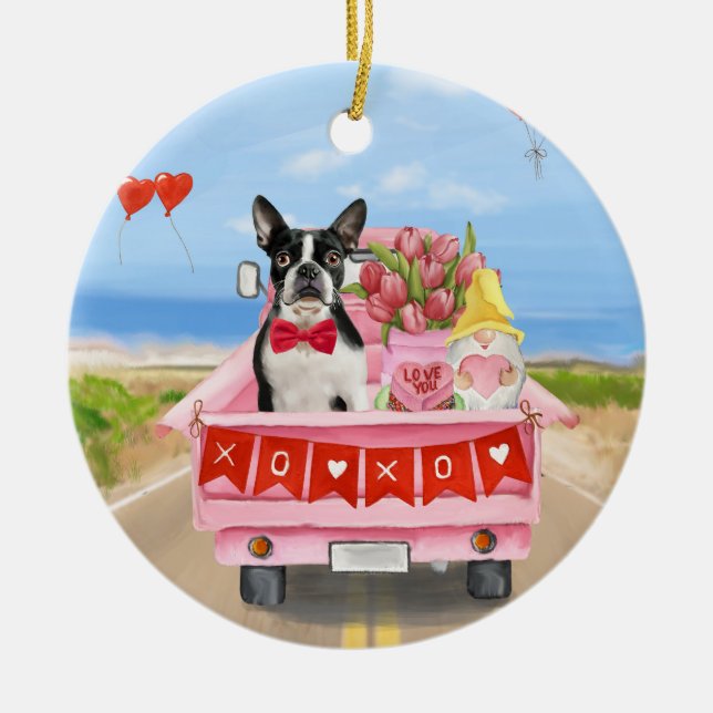 Boston Terrier Dog Valentine's Day Truck Hearts Ceramic Ornament (Front)