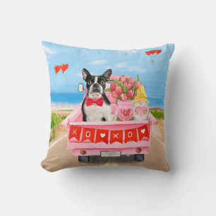 Boston Terrier Dog Valentine's Day Truck Hearts  Cushion