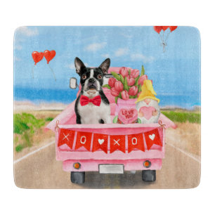 Boston Terrier Dog Valentine's Day Truck Hearts Cutting Board