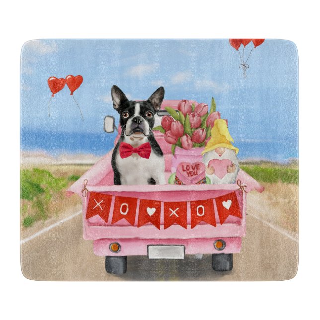 Boston Terrier Dog Valentine's Day Truck Hearts Cutting Board (Front)