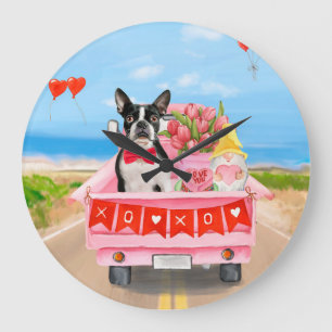 Boston Terrier Dog Valentine's Day Truck Hearts Large Clock