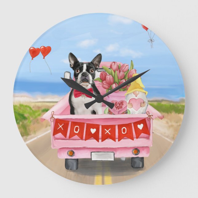 Boston Terrier Dog Valentine's Day Truck Hearts Large Clock (Front)