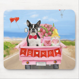 Boston Terrier Dog Valentine's Day Truck Hearts Mouse Pad
