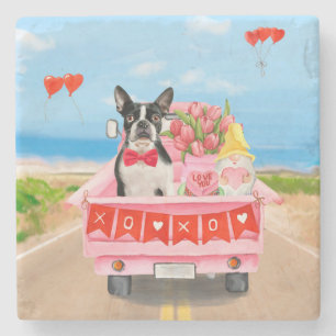Boston Terrier Dog Valentine's Day Truck Hearts Stone Coaster
