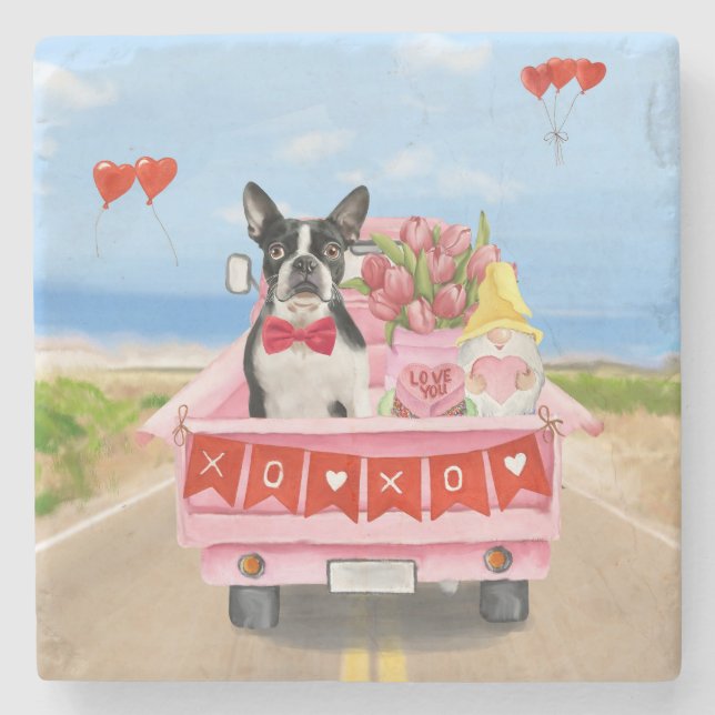 Boston Terrier Dog Valentine's Day Truck Hearts Stone Coaster (Front)