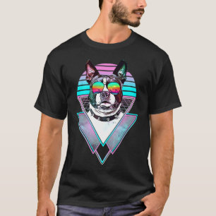 Boston Terrier Dog Vintage Retro Vaporwave Beach V T-Shirt