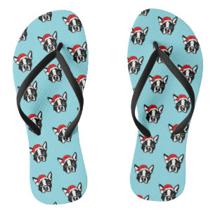 Boston Terrier Dog W Christmas Santa Hat Pattern Thongs