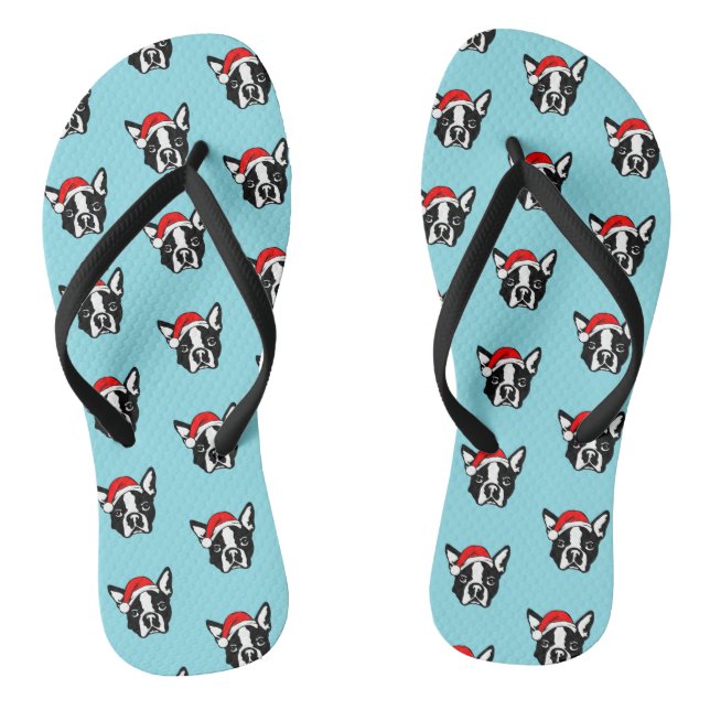 Boston Terrier Dog W Christmas Santa Hat Pattern Thongs (Footbed)