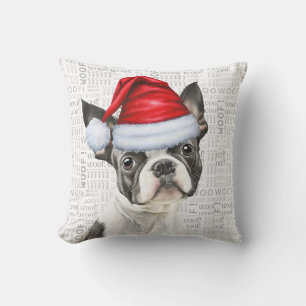 Boston Terrier Dog Watercolor Christmas Cushion