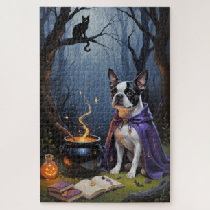 Boston Terrier Dog Whimsical Halloween Painting Jigsaw Puzzle