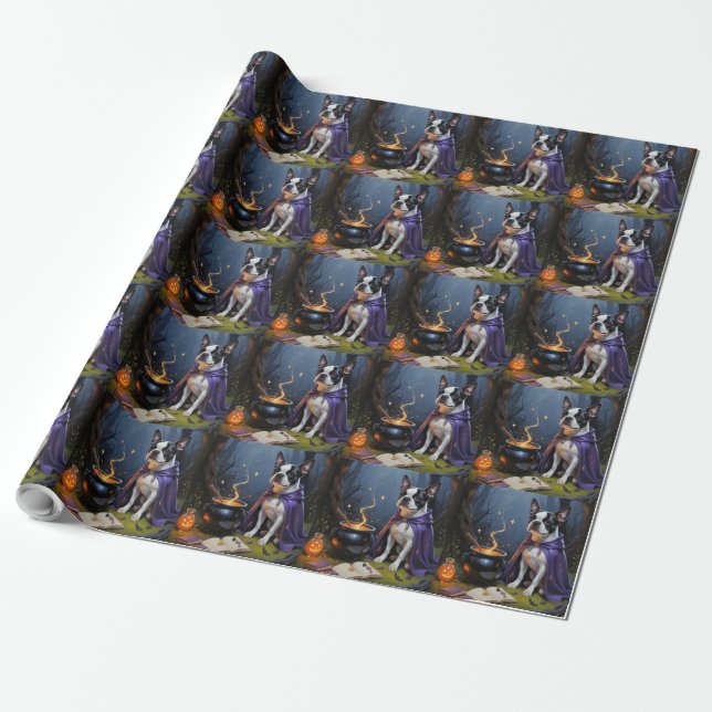 Boston Terrier Dog Whimsical Halloween Painting Wrapping Paper (Unrolled)